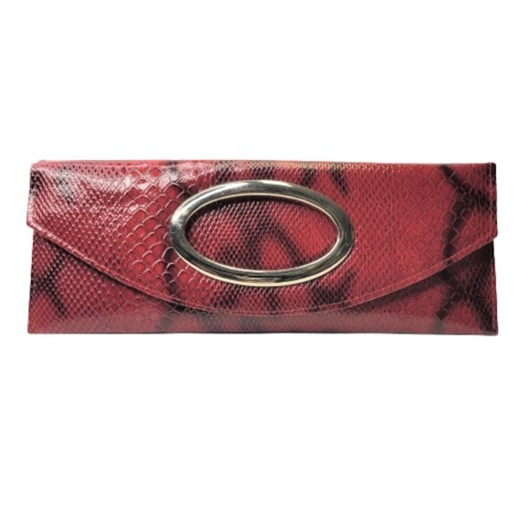 Snake Print Maroon Red Long Rectangular Clutch Purse - Picture 1 of 11
